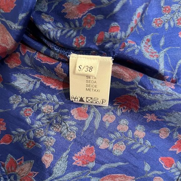 Anthropologie Antik Batik Blue Floral Silk Ruffle Cap Sleeve Blouse Size Small - Picture 13 of 15
